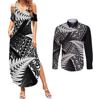 New Zealand Rugby Pacific Personalised Couples Matching Summer Maxi Dress and Long Sleeve Button Shirt All Black Maori Pasifika Fern Pattern LT9 Black - Polynesian Pride
