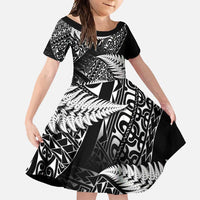 New Zealand Rugby Pacific Personalised Family Matching Mermaid Dress and Hawaiian Shirt All Black Maori Pasifika Fern Pattern LT9 Daughter's Dress Black - Polynesian Pride