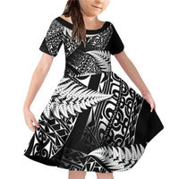 New Zealand Rugby Pacific Personalised Family Matching Off Shoulder Short Dress and Hawaiian Shirt All Black Maori Pasifika Fern Pattern