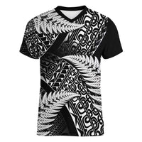 New Zealand Rugby Pacific Personalised Women V-Neck T-Shirt All Black Maori Pasifika Fern Pattern LT9 Female Black - Polynesian Pride