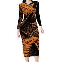 New Zealand Rugby Pacific Personalised Family Matching Long Sleeve Bodycon Dress and Hawaiian Shirt All Gold Maori Pasifika Fern Pattern LT9 Mom's Dress Gold - Polynesian Pride