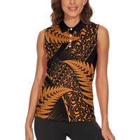 New Zealand Rugby Pacific Personalised Women Sleeveless Polo Shirt All Gold Maori Pasifika Fern Pattern