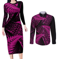 New Zealand Rugby Pacific Personalised Couples Matching Long Sleeve Bodycon Dress and Long Sleeve Button Shirt All Pink Maori Pasifika Fern Pattern LT9 Pink - Polynesian Pride