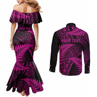 New Zealand Rugby Pacific Personalised Couples Matching Mermaid Dress and Long Sleeve Button Shirt All Pink Maori Pasifika Fern Pattern LT9 - Polynesian Pride