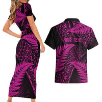 New Zealand Rugby Pacific Personalised Couples Matching Short Sleeve Bodycon Dress and Hawaiian Shirt All Pink Maori Pasifika Fern Pattern LT9 - Polynesian Pride