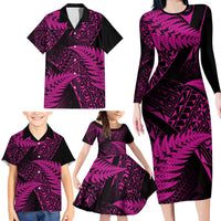 New Zealand Rugby Pacific Personalised Family Matching Long Sleeve Bodycon Dress and Hawaiian Shirt All Pink Maori Pasifika Fern Pattern LT9 - Polynesian Pride