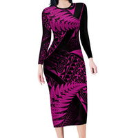 New Zealand Rugby Pacific Personalised Family Matching Long Sleeve Bodycon Dress and Hawaiian Shirt All Pink Maori Pasifika Fern Pattern LT9 Mom's Dress Pink - Polynesian Pride