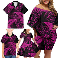 New Zealand Rugby Pacific Personalised Family Matching Off Shoulder Short Dress and Hawaiian Shirt All Pink Maori Pasifika Fern Pattern