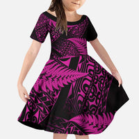 New Zealand Rugby Pacific Personalised Family Matching Puletasi and Hawaiian Shirt All Pink Maori Pasifika Fern Pattern LT9 Daughter's Dress Pink - Polynesian Pride