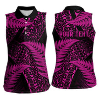New Zealand Rugby Pacific Personalised Women Sleeveless Polo Shirt All Pink Maori Pasifika Fern Pattern