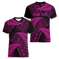 New Zealand Rugby Pacific Personalised Women V-Neck T-Shirt All Pink Maori Pasifika Fern Pattern LT9 - Polynesian Pride
