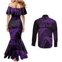 New Zealand Rugby Pacific Personalised Couples Matching Mermaid Dress and Long Sleeve Button Shirt All Purple Maori Pasifika Fern Pattern LT9 - Polynesian Pride