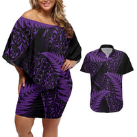 New Zealand Rugby Pacific Personalised Couples Matching Off Shoulder Short Dress and Hawaiian Shirt All Purple Maori Pasifika Fern Pattern LT9 Purple - Polynesian Pride