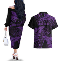 New Zealand Rugby Pacific Personalised Couples Matching Off The Shoulder Long Sleeve Dress and Hawaiian Shirt All Purple Maori Pasifika Fern Pattern LT9 - Polynesian Pride