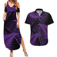New Zealand Rugby Pacific Personalised Couples Matching Summer Maxi Dress and Hawaiian Shirt All Purple Maori Pasifika Fern Pattern LT9 Purple - Polynesian Pride