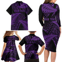 New Zealand Rugby Pacific Personalised Family Matching Long Sleeve Bodycon Dress and Hawaiian Shirt All Purple Maori Pasifika Fern Pattern