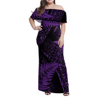 New Zealand Rugby Pacific Personalised Family Matching Off Shoulder Maxi Dress and Hawaiian Shirt All Purple Maori Pasifika Fern Pattern