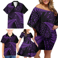 New Zealand Rugby Pacific Personalised Family Matching Off Shoulder Short Dress and Hawaiian Shirt All Purple Maori Pasifika Fern Pattern LT9 - Polynesian Pride