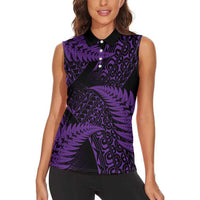 New Zealand Rugby Pacific Personalised Women Sleeveless Polo Shirt All Purple Maori Pasifika Fern Pattern