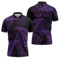 New Zealand Rugby Pacific Personalised Zipper Polo Shirt All Purple Maori Pasifika Fern Pattern - Polynesian Pride