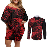 New Zealand Rugby Pacific Personalised Couples Matching Off Shoulder Short Dress and Long Sleeve Button Shirt All Red Maori Pasifika Fern Pattern LT9 Red - Polynesian Pride