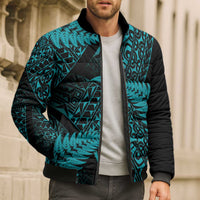 New Zealand Rugby Pacific Personalised Bomber Puffer Jacket All Turquoise Maori Pasifika Fern Pattern - Polynesian Pride