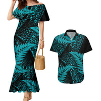 New Zealand Rugby Pacific Personalised Couples Matching Mermaid Dress and Hawaiian Shirt All Turquoise Maori Pasifika Fern Pattern LT9 Turquoise - Polynesian Pride