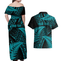 New Zealand Rugby Pacific Personalised Couples Matching Off Shoulder Maxi Dress and Hawaiian Shirt All Turquoise Maori Pasifika Fern Pattern LT9 - Polynesian Pride