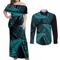 New Zealand Rugby Pacific Personalised Couples Matching Off Shoulder Maxi Dress and Long Sleeve Button Shirt All Turquoise Maori Pasifika Fern Pattern LT9 Turquoise - Polynesian Pride