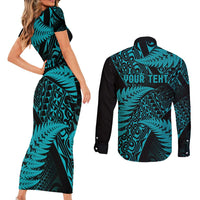 New Zealand Rugby Pacific Personalised Couples Matching Short Sleeve Bodycon Dress and Long Sleeve Button Shirt All Turquoise Maori Pasifika Fern Pattern LT9 - Polynesian Pride