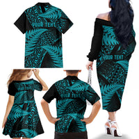 New Zealand Rugby Pacific Personalised Family Matching Off The Shoulder Long Sleeve Dress and Hawaiian Shirt All Turquoise Maori Pasifika Fern Pattern LT9 - Polynesian Pride