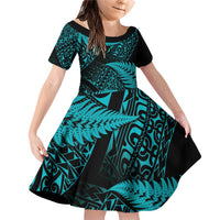 New Zealand Rugby Pacific Personalised Family Matching Off Shoulder Short Dress and Hawaiian Shirt All Turquoise Maori Pasifika Fern Pattern LT9 Daughter's Dress Turquoise - Polynesian Pride