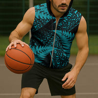 New Zealand Rugby Pacific Personalised Sleeveless Zip Hoodie All Turquoise Maori Pasifika Fern Pattern - Polynesian Pride