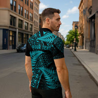New Zealand Rugby Pacific Personalised Zipper Polo Shirt All Turquoise Maori Pasifika Fern Pattern - Polynesian Pride