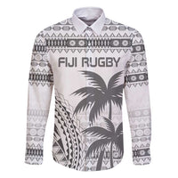 Custom Fiji Rugby Family Matching Long Sleeve Bodycon Dress and Hawaiian Shirt Polynesian Fijian Masi Palm Tree LT9 Dad's Shirt - Long Sleeve White - Polynesian Pride