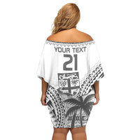 Custom Fiji Rugby Family Matching Off Shoulder Short Dress and Hawaiian Shirt Polynesian Fijian Masi Palm Tree
