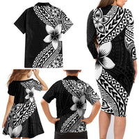 Lotu Tamaiti White Sunday Family Matching Long Sleeve Bodycon Dress and Hawaiian Shirt Pacific Plumeria Flowers - Black Version LT9 - Polynesian Pride