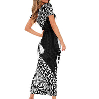 Lotu Tamaiti White Sunday Family Matching Short Sleeve Bodycon Dress and Hawaiian Shirt Pacific Plumeria Flowers - Black Version LT9 - Polynesian Pride
