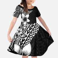 Lotu Tamaiti White Sunday Kid Short Sleeve Dress Pacific Plumeria Flowers - Black Version