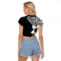 Lotu Tamaiti White Sunday Raglan Cropped T Shirt Pacific Plumeria Flowers - Black Version
