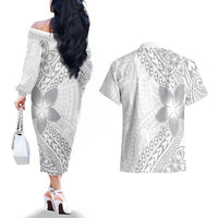Lotu Tamaiti White Sunday Couples Matching Off The Shoulder Long Sleeve Dress and Hawaiian Shirt Pacific Plumeria Flowers - White Version