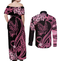 Polynesian Floral Butterfly Couples Matching Off Shoulder Maxi Dress and Long Sleeve Button Shirts Breast Cancer Pink Ribbon LT9 - Polynesian Pride