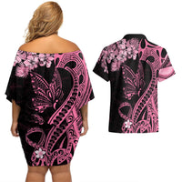 Polynesian Floral Butterfly Couples Matching Off Shoulder Short Dress and Hawaiian Shirt Breast Cancer Pink Ribbon LT9 - Polynesian Pride