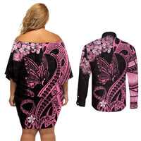 Polynesian Floral Butterfly Couples Matching Off Shoulder Short Dress and Long Sleeve Button Shirts Breast Cancer Pink Ribbon LT9 - Polynesian Pride