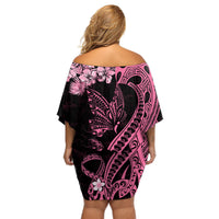 Polynesian Floral Butterfly Off Shoulder Short Dress Breast Cancer Pink Ribbon LT9 - Polynesian Pride