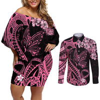 Personalised Polynesian Floral Butterfly Couples Matching Off Shoulder Short Dress and Long Sleeve Button Shirts Breast Cancer Pink Ribbon LT9 Pink - Polynesian Pride