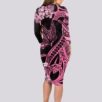 Personalised Polynesian Floral Butterfly Long Sleeve Bodycon Dress Breast Cancer Pink Ribbon LT9 - Polynesian Pride
