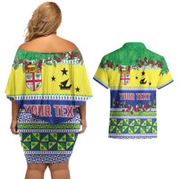 Personalised Malampa Fiji Forever Couples Matching Off Shoulder Short Dress and Hawaiian Shirt Tagimoucia Polynesian Sand Drawing - Polynesian Pride