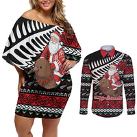 New Zealand Kiwi Santa Christmas Couples Matching Off Shoulder Short Dress and Long Sleeve Button Shirt He Wairua Kirihimete LT9 Black - Polynesian Pride