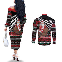 New Zealand Kiwi Santa Christmas Couples Matching Off The Shoulder Long Sleeve Dress and Long Sleeve Button Shirt He Wairua Kirihimete LT9 - Polynesian Pride